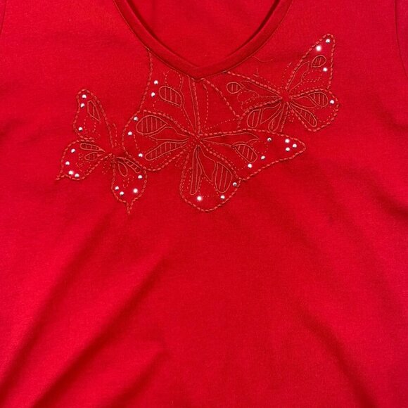red v neck short sleeve t-shirt butterflies sz med  CAROLL REED - Picture 7 of 16